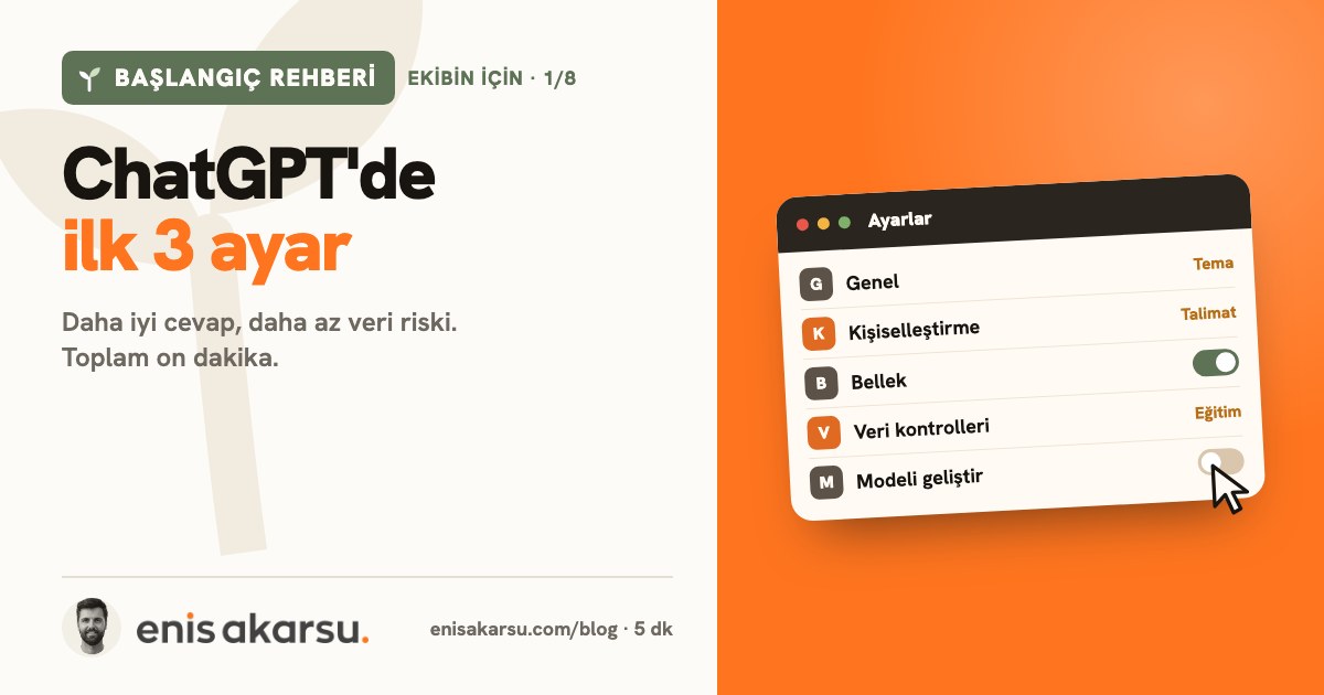 Başlangıç Rehberi kapağı: ChatGPT'yi açar açmaz yapman gereken 3 ayar. Konular: Önce kısaca: ayarlar neden önemli?, 1. Veri kontrolleri: yazdıkların nereye gidiyor?, 2. Kişiselleştirme: her sohbete ke