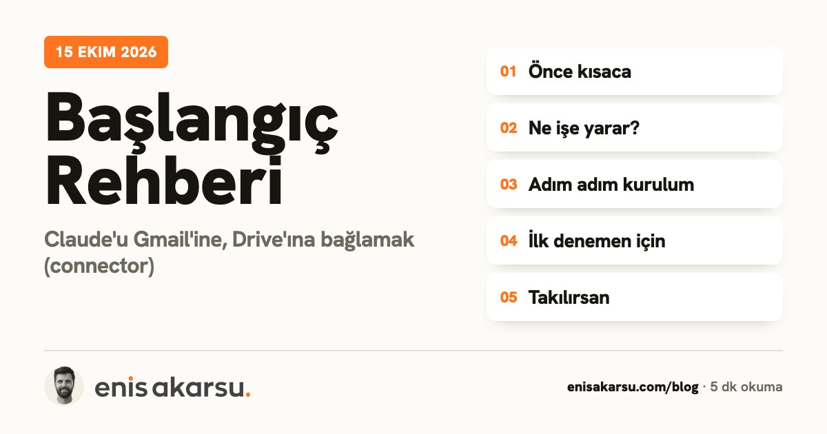 Başlangıç Rehberi kapağı: Claude'u Gmail'ine, Drive'ına bağlamak (connector). Konular: Önce kısaca, Ne işe yarar?, Adım adım kurulum, İlk denemen için, Takılırsan.