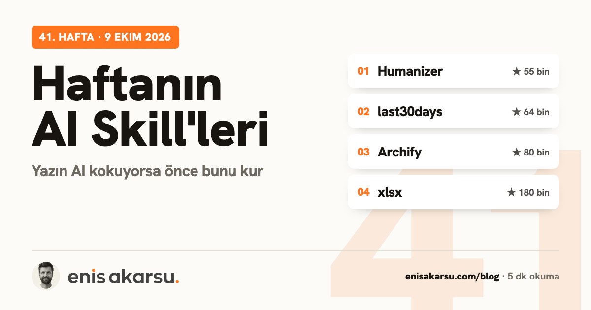 Haftanın AI Skill'leri kapağı: Yazın AI kokuyorsa önce bunu kur. Konular: Humanizer, last30days, Archify, xlsx.
