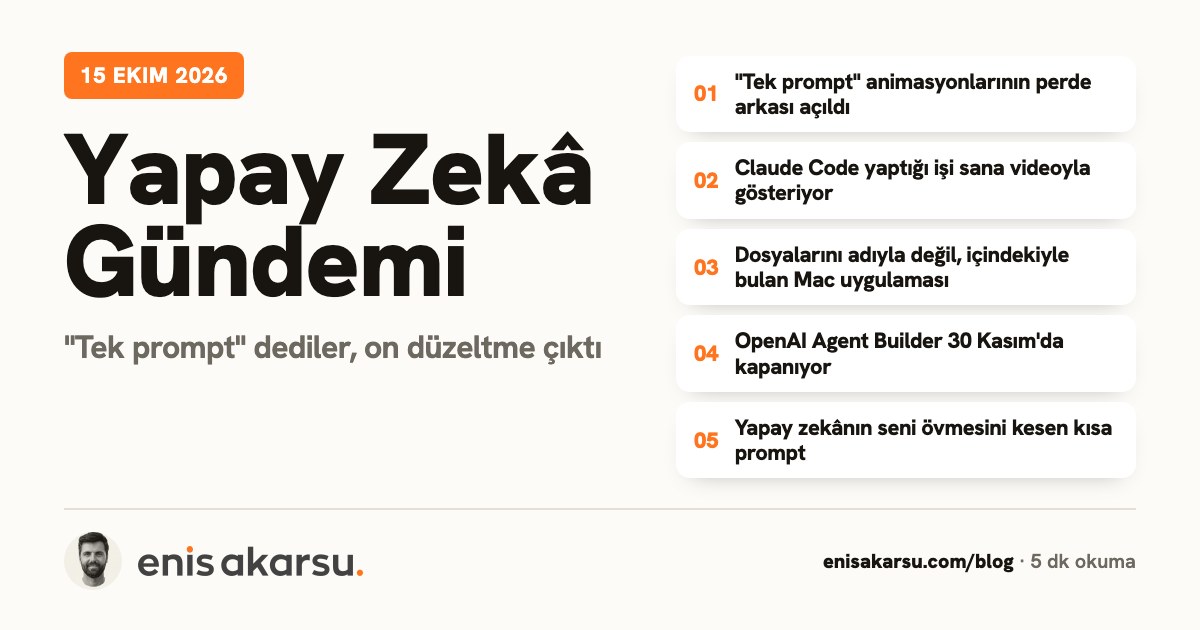 Yapay Zekâ Gündemi kapağı: "Tek prompt" dediler, on düzeltme çıktı. Konular: "Tek prompt" animasyonlarının perde arkası açıldı, Claude Code yaptığı işi sana videoyla gösteriyor, Dosyalarını adıyla değ