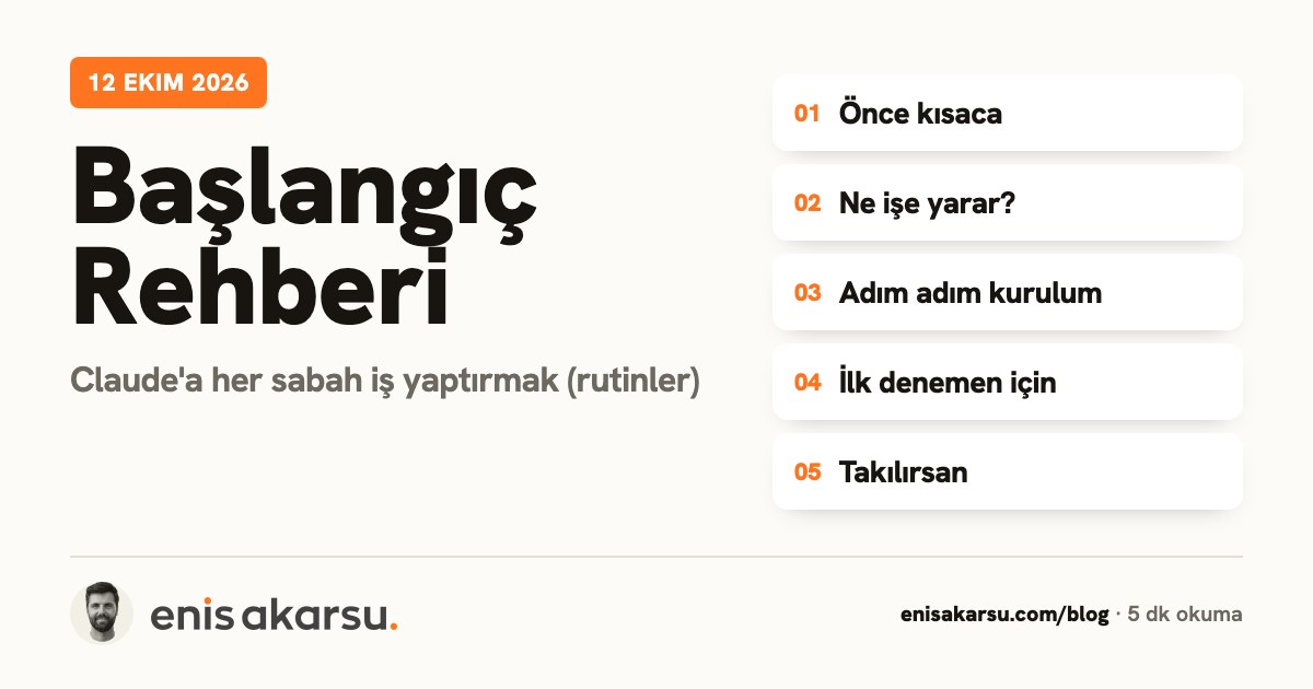 Başlangıç Rehberi kapağı: Claude'a her sabah iş yaptırmak (rutinler). Konular: Önce kısaca, Ne işe yarar?, Adım adım kurulum, İlk denemen için, Takılırsan.