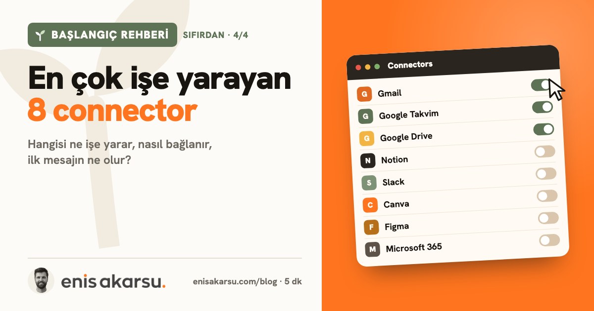 Başlangıç Rehberi kapağı: En çok işe yarayan 8 connector. Konular: Önce kısaca: connector ne?, Ne işe yarar? Sekiz connector, sekiz iş, Adım adım kurulum, İlk denemen için, Takılırsan.
