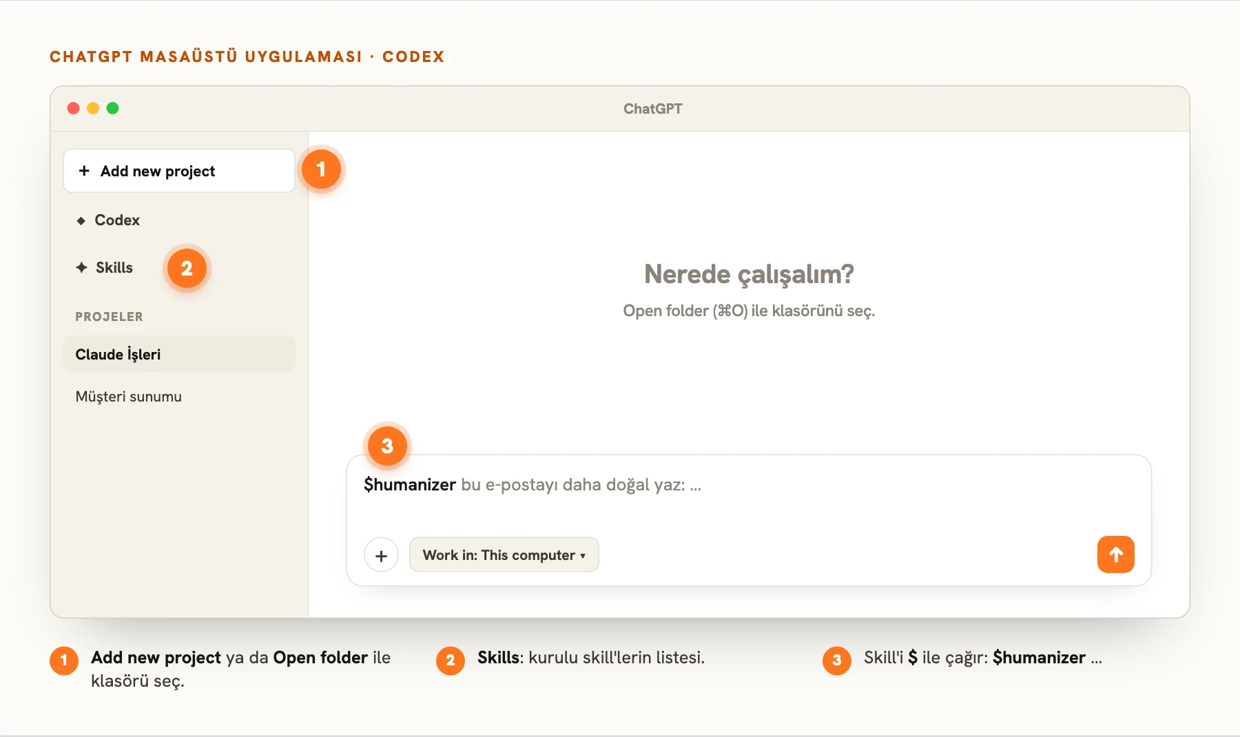 ChatGPT masaüstü uygulamasında Codex; proje ekleme, Skills menüsü ve $ ile skill çağırma işaretli